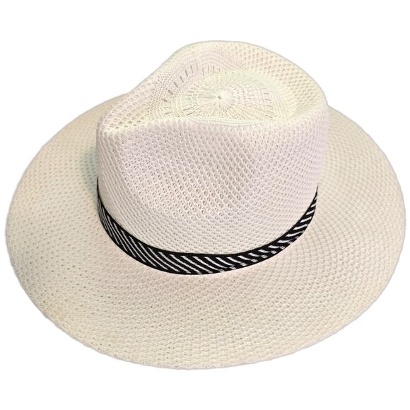 Men's White Panama Hat Woven Black & White Strip Vacation Summer Picnic Sun Hat - Picture 1 of 6